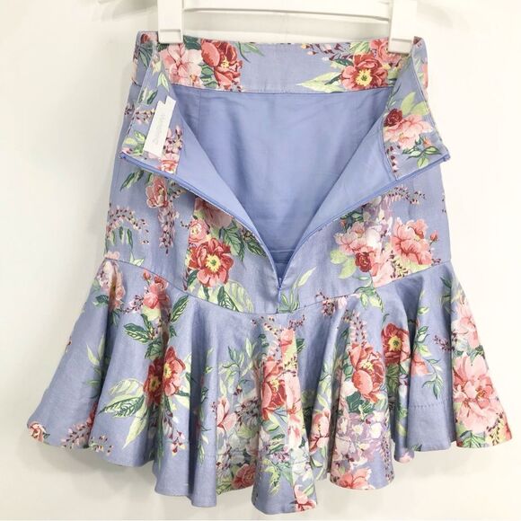 Zimmermann Blue Bellitude Flip Linen Floral Fluted Spring Peplum Mini Skirt - Picture 13 of 16